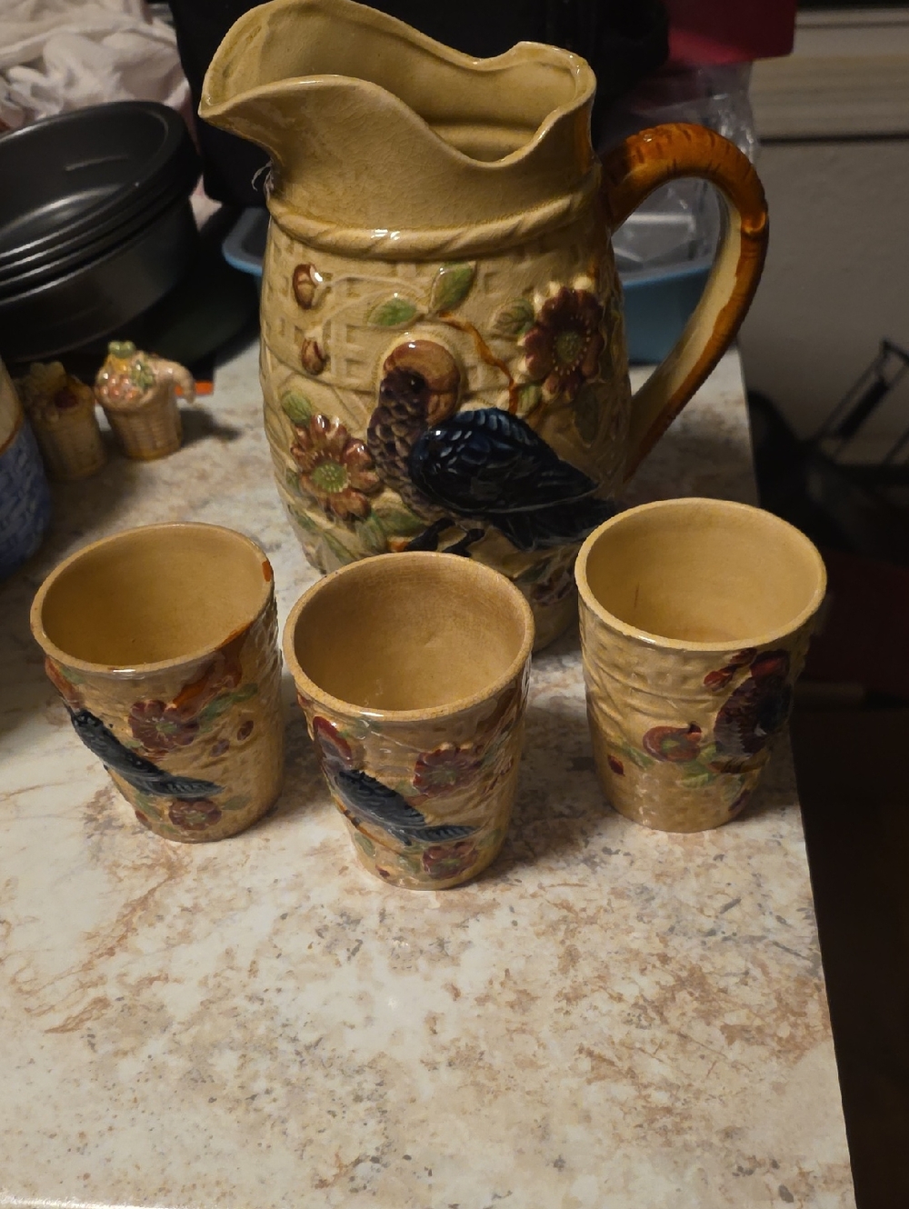 Vintage Ceramic Pitcher and 3 Cups with Blue Bird Motif